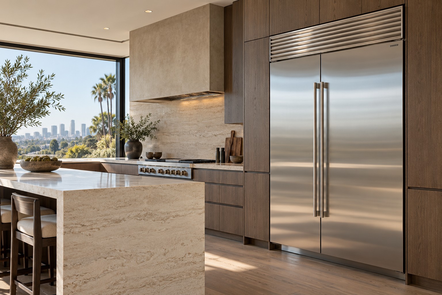Luxury residential kitchen with a built-in refrigerator